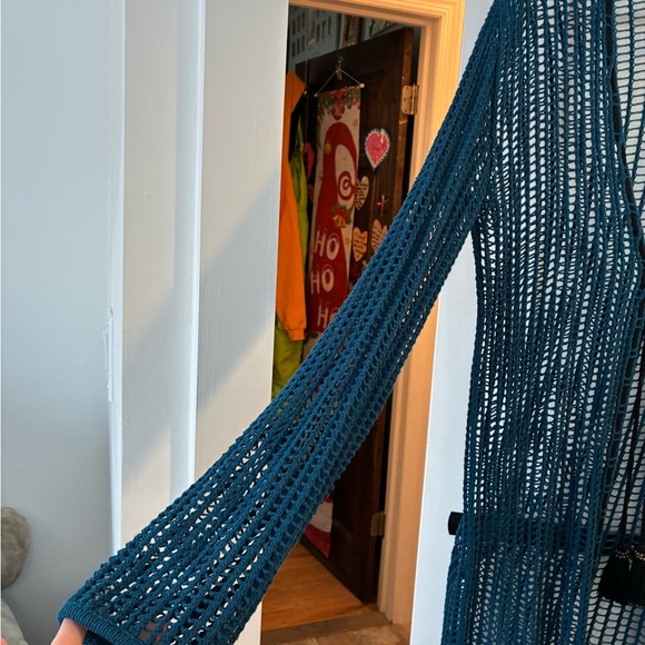Free People Teal Open knit Cardigan with tassel tie - Picture 4 of 5